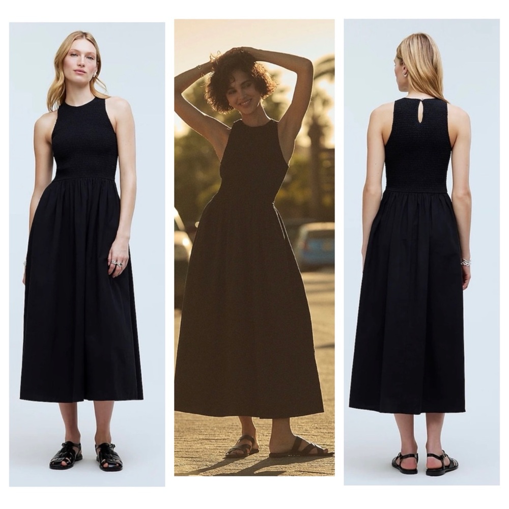 Madewell The Melody Poplin Smocked Midi Dress black 100% cotton size XS